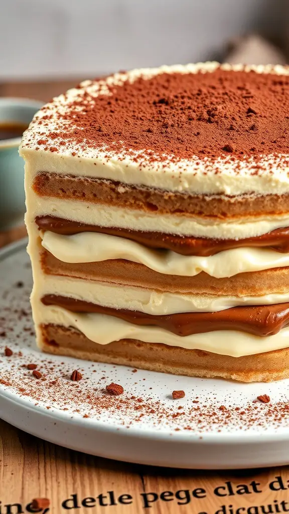 A beautifully layered tiramisu cake with cocoa dusting on top, showcasing creamy filling and sponge layers.
