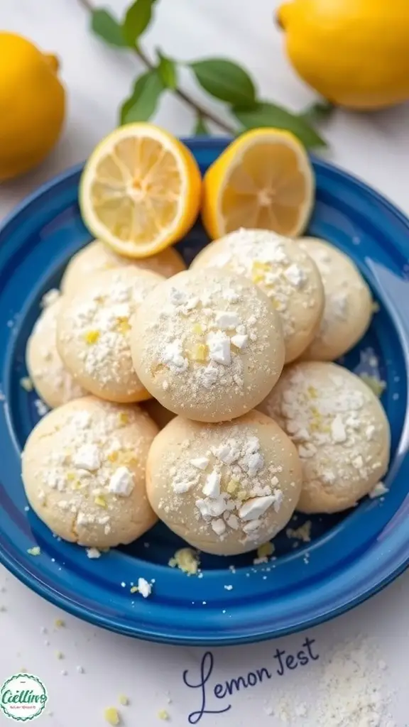 Plate of lemon zest cookies with powdered erythritol on top
