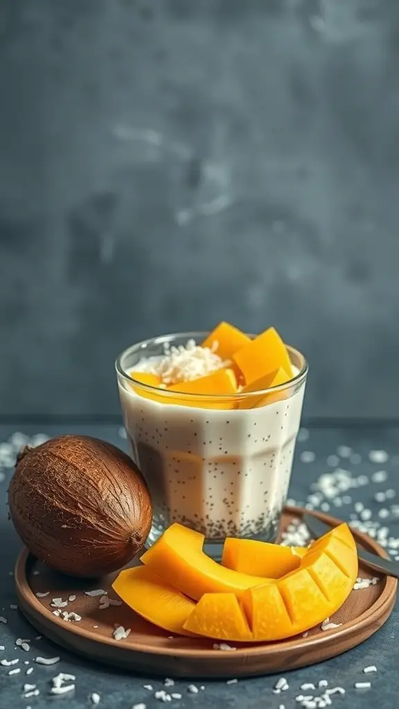 Chia seed pudding with coconut milk topped with mango slices