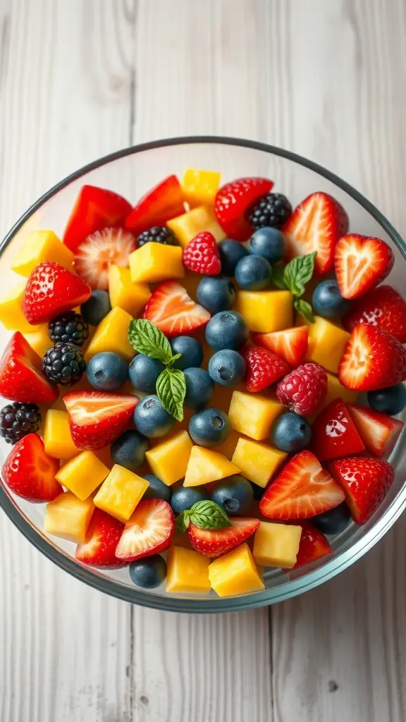A colorful heart-shaped fruit salad featuring strawberries, blueberries, mango, and blackberries.