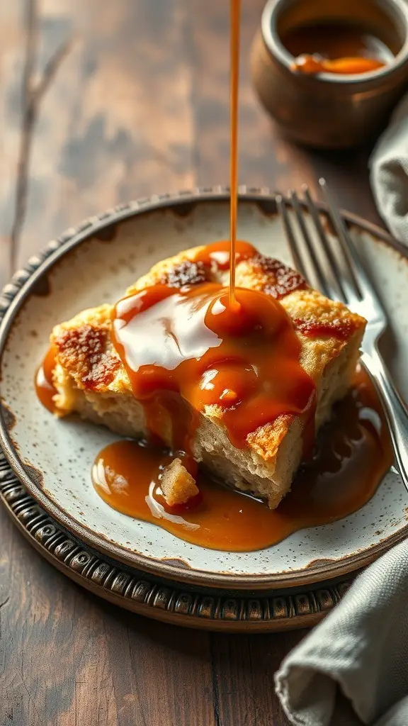 Slice of Irish Soda Bread Pudding with caramel sauce