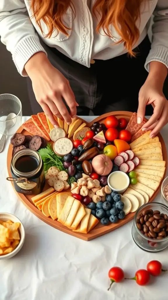 A heart-shaped charcuterie board filled with various cheeses, meats, fruits, and dips, being arranged by a person.