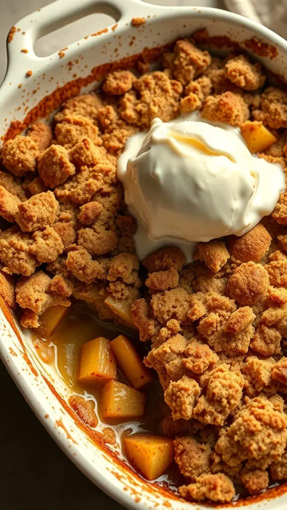 A delicious Cinnamon Apple Crumble with Oat Topping, served warm with a scoop of ice cream on top.