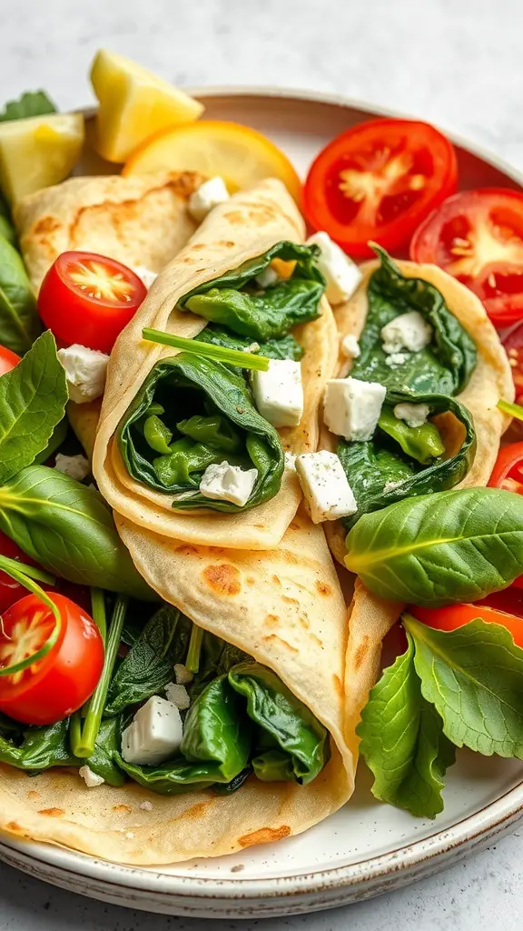 Spinach and feta stuffed crepes with cherry tomatoes and lemon on a plate