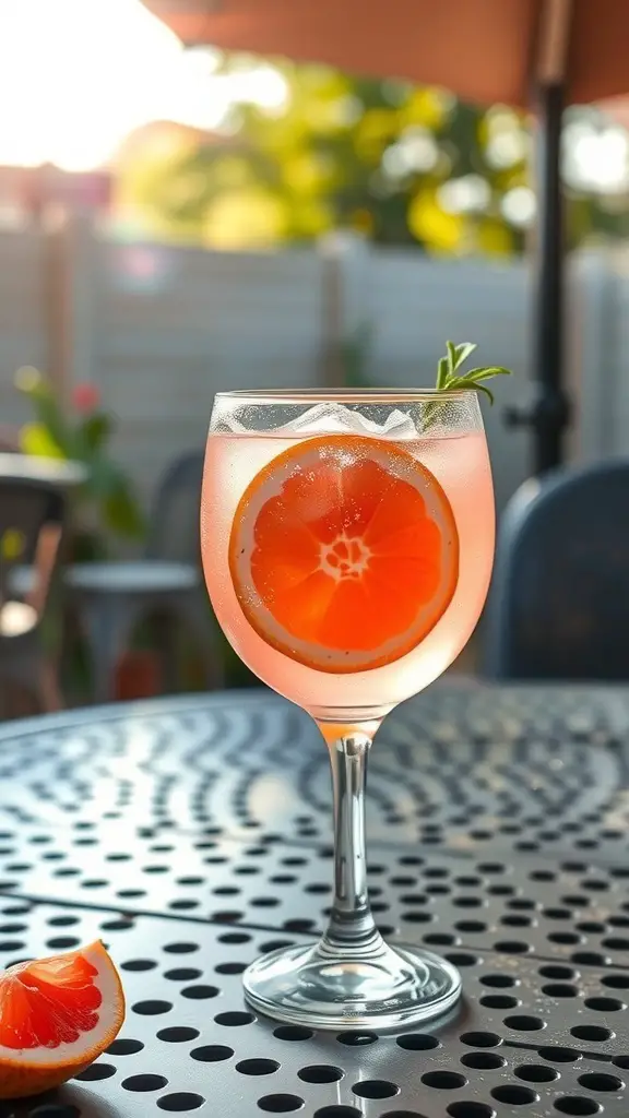 A refreshing Pink Grapefruit Spritz cocktail garnished with a slice of grapefruit and rosemary, served in a glass on a table.