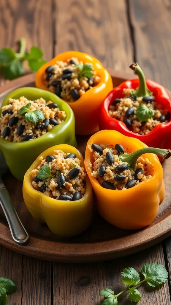 Colorful stuffed bell peppers filled with quinoa and black beans on a wooden plate.