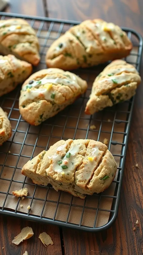 Chive and cheddar scones on a cooling rack