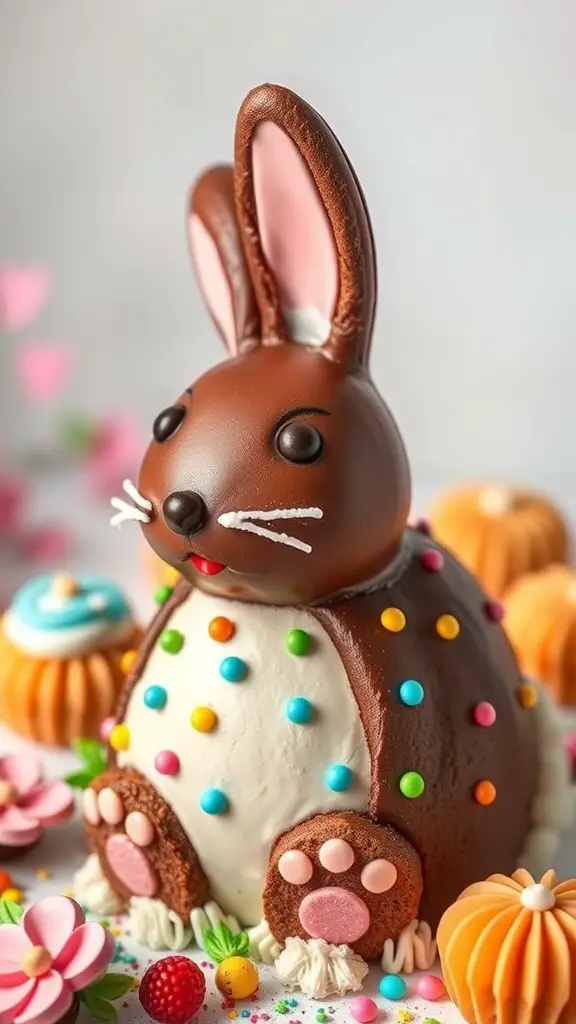 A cute chocolate bunny cake decorated with colorful candies and flowers.