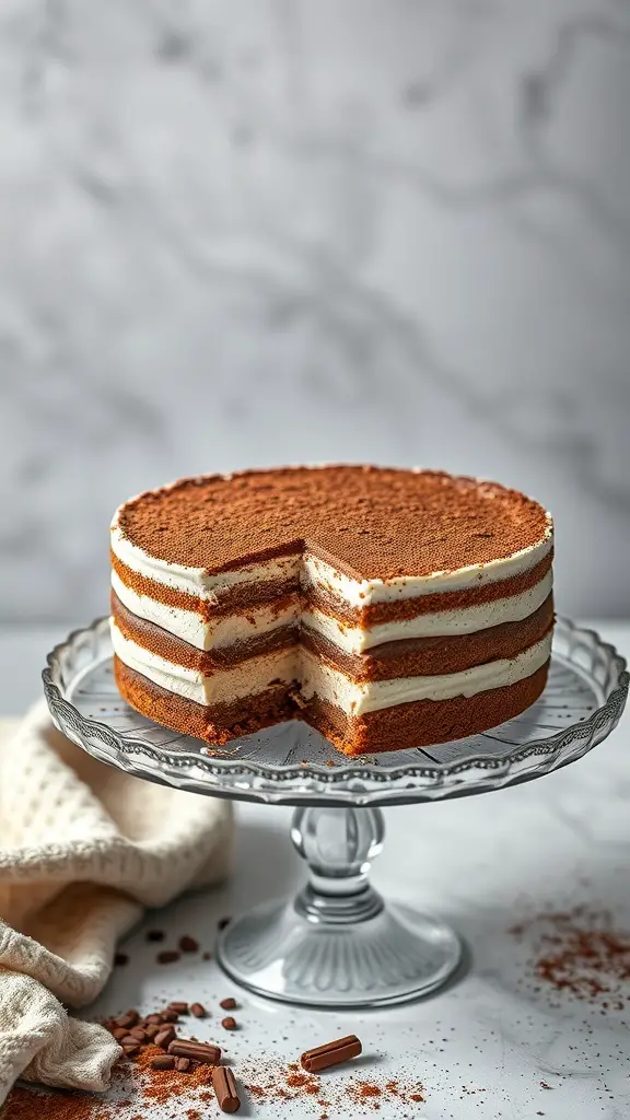 A Tiramisu Poke Cake with layers of cream and cocoa powder on top.