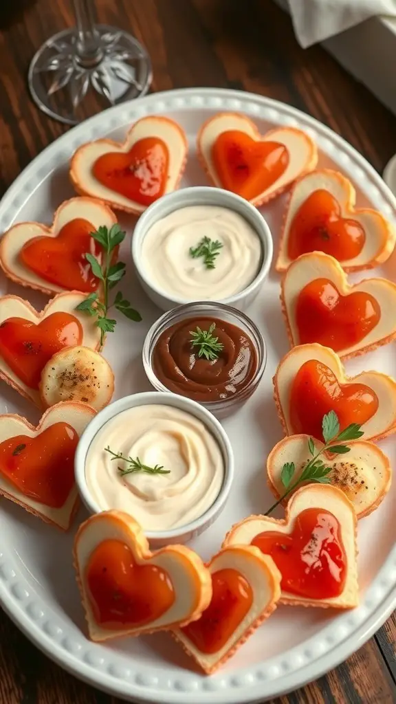 A platter of heart-shaped appetizers with various dips