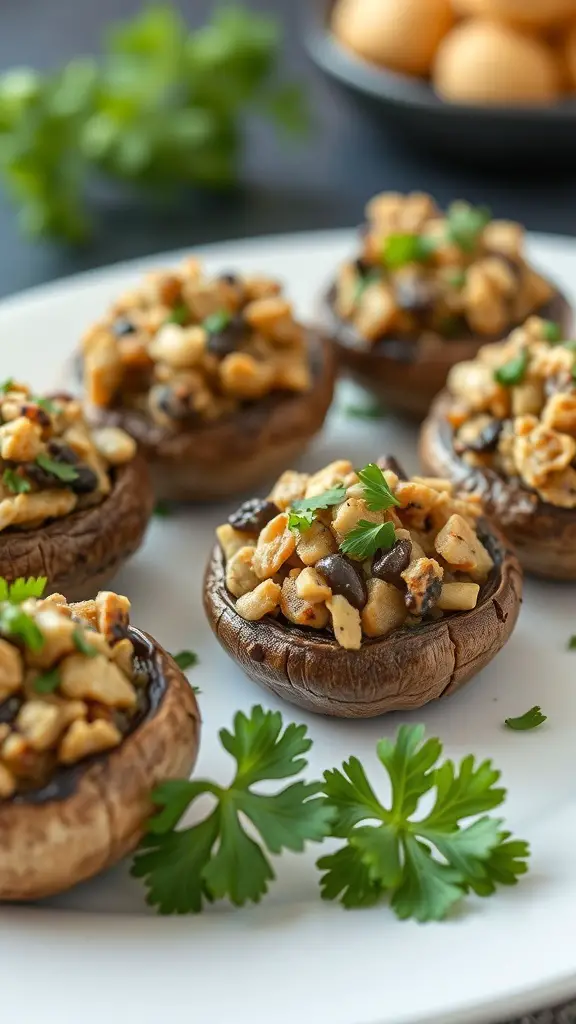 Plate of stuffed mushroom caps garnished with herbs