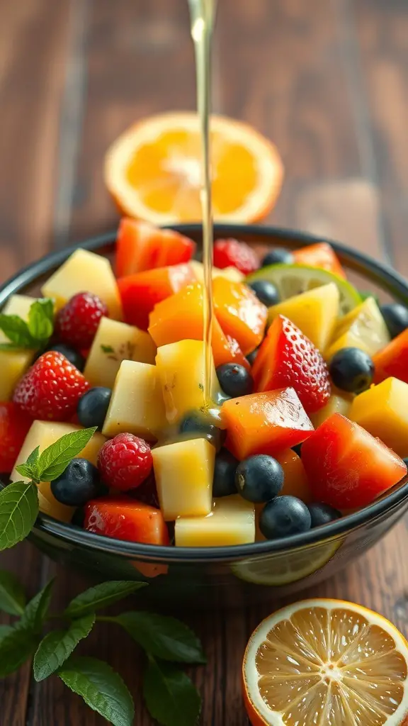 A bowl of colorful fruit salad with honey lime dressing being drizzled over it.