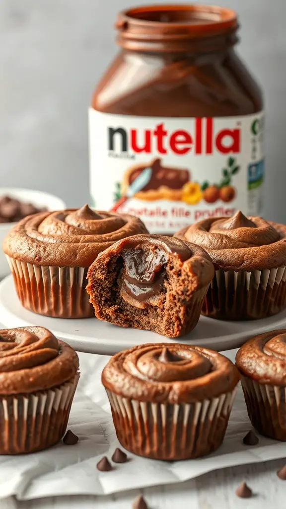 Nutella swirl muffins with a jar of Nutella in the background