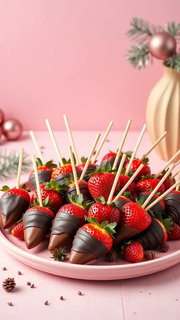 A plate of chocolate-dipped strawberry skewers arranged beautifully for a brunch setting.