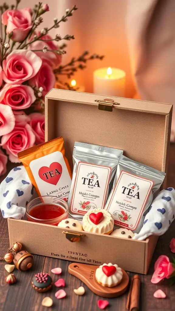 A beautifully arranged sweet box with tea, cookies, and chocolates, perfect for Valentine's Day.