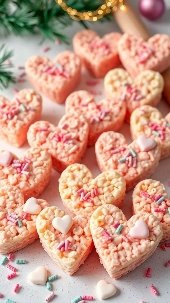Heart-shaped Rice Krispie treats decorated with sprinkles and candy hearts.