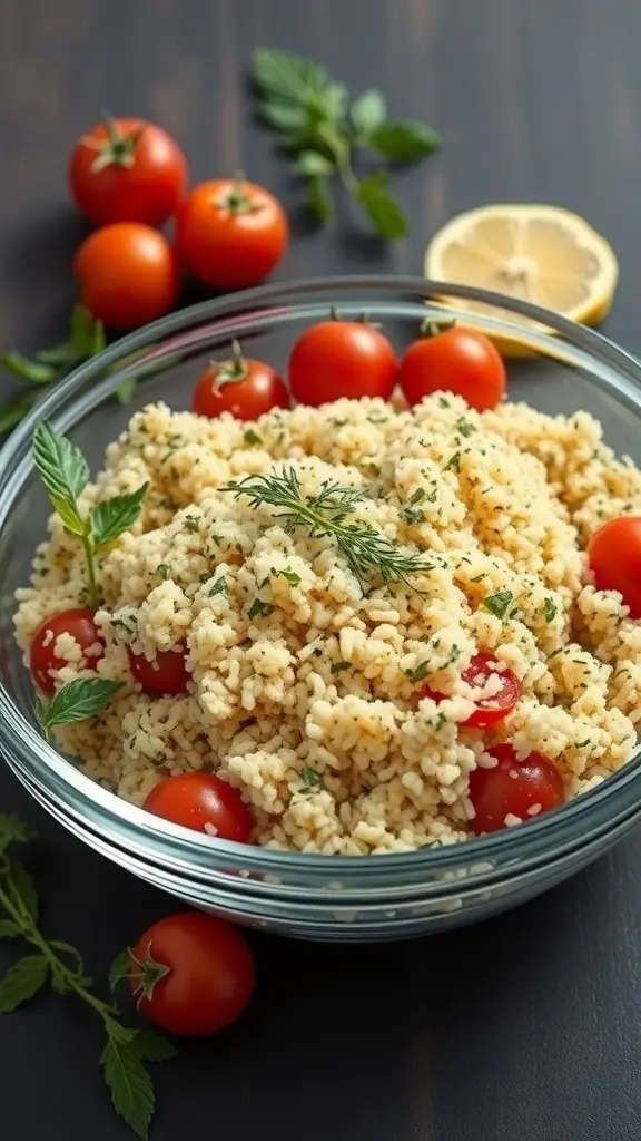 A bowl of herbed couscous salad with cherry tomatoes and lemon slices.