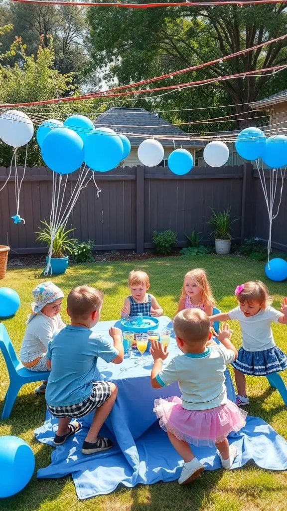 Children enjoying a Bluey-themed birthday party with decorations and games.