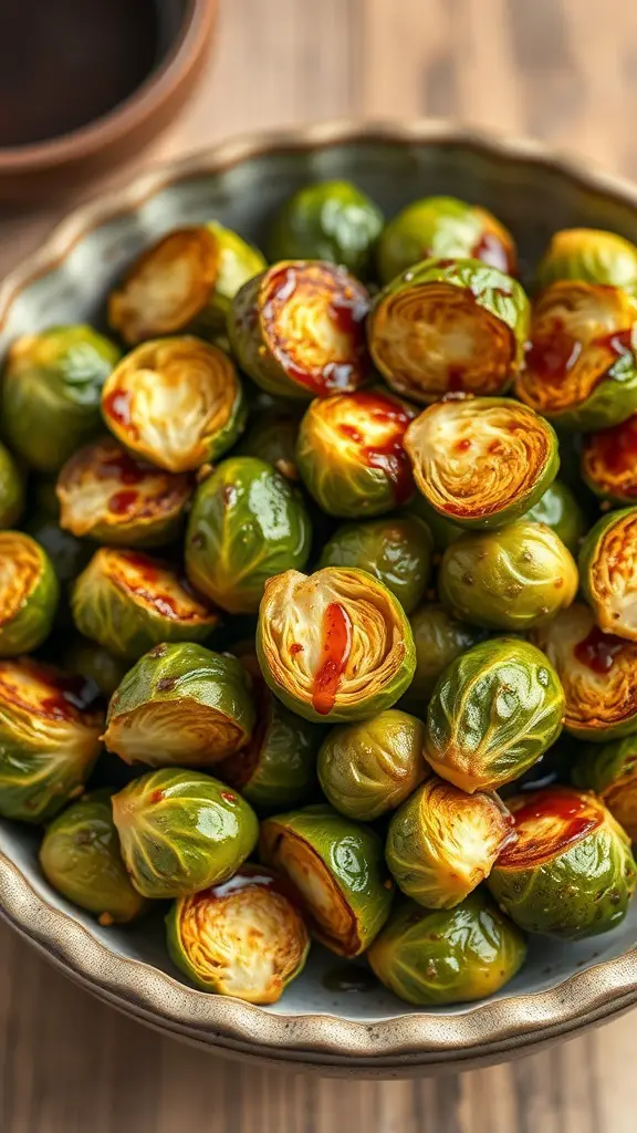 A bowl of roasted Brussels sprouts drizzled with balsamic glaze.