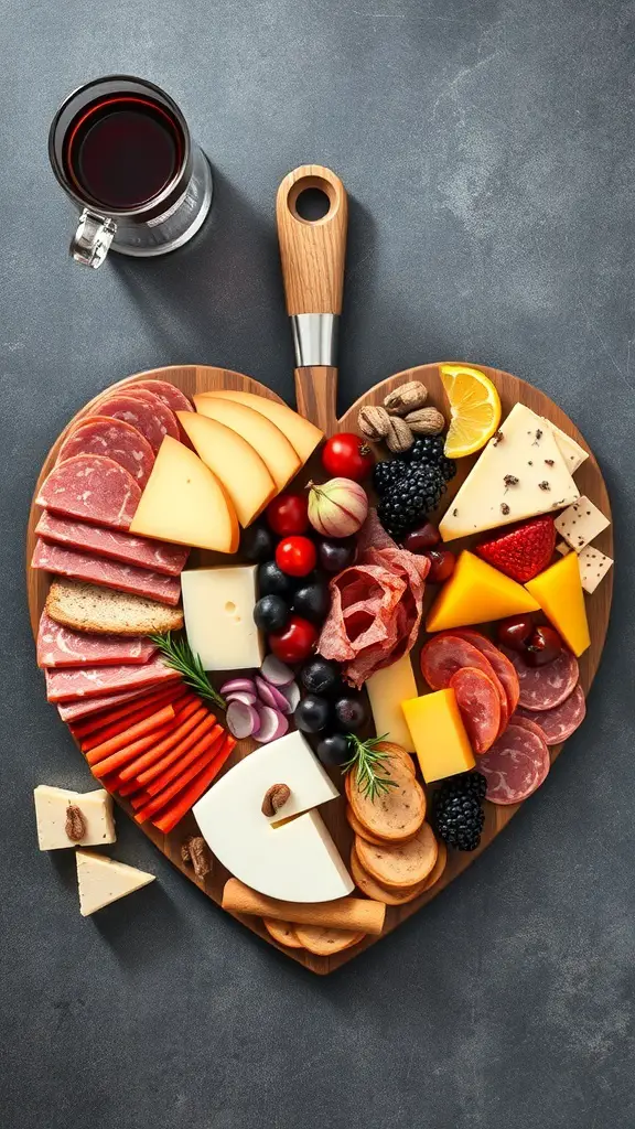 Heart-shaped cheese and charcuterie board with various cheeses, meats, fruits, and nuts.