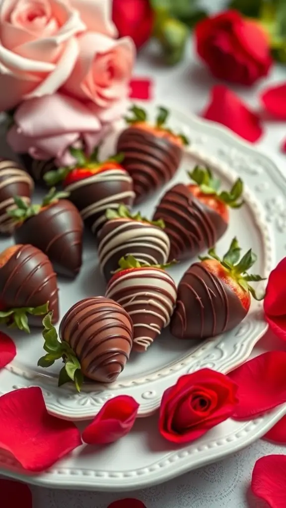 A plate of chocolate-covered strawberries surrounded by rose petals