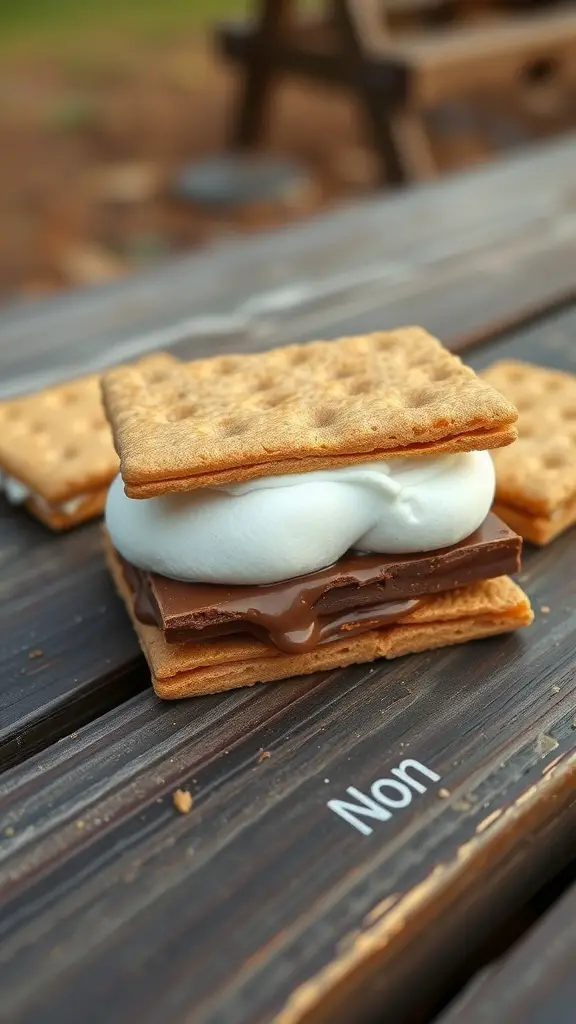 A close-up of a s'more made with graham crackers, chocolate, and a fluffy marshmallow.