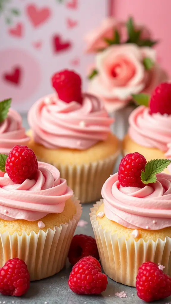 Vanilla bean cupcakes with raspberry buttercream, topped with fresh raspberries and mint leaves.