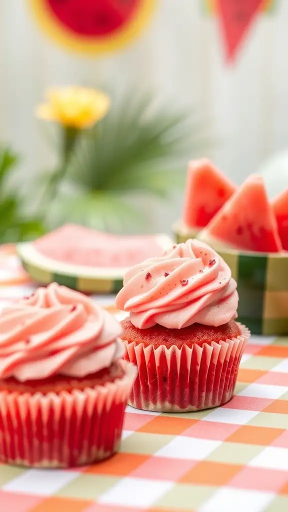 Two watermelon slice cupcakes with pink frosting and chocolate chip seeds, surrounded by watermelon slices and a colorful picnic tablecloth.
