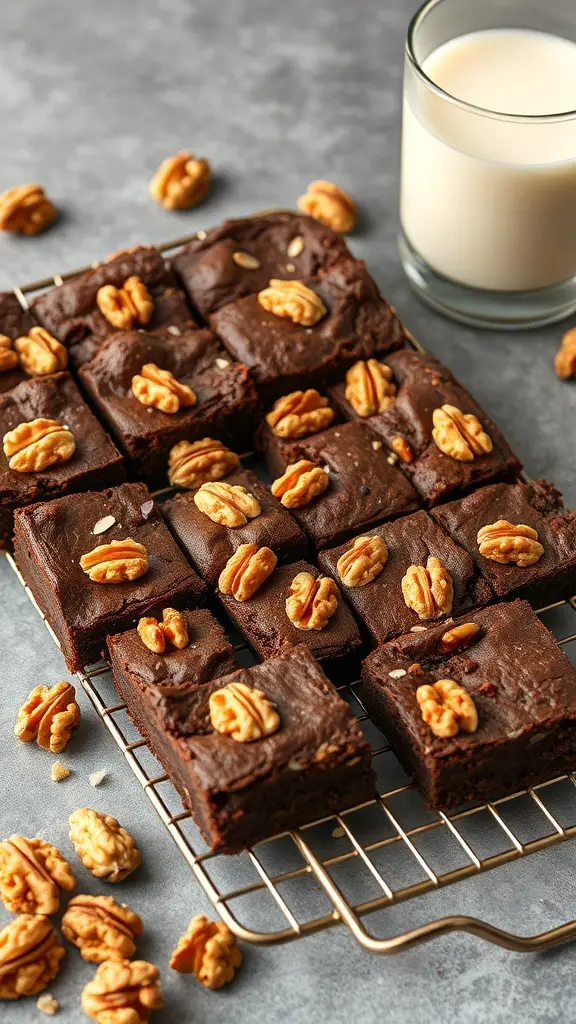 Delicious almond flour brownies topped with walnuts, served with a glass of milk.
