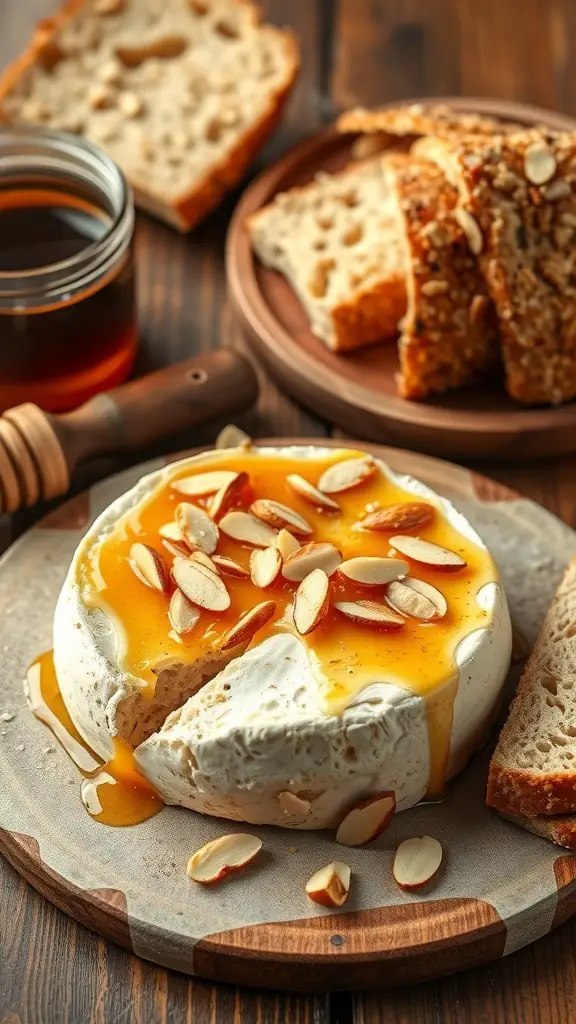 A wheel of baked Brie cheese topped with honey and sliced almonds, served with bread on a wooden platter.
