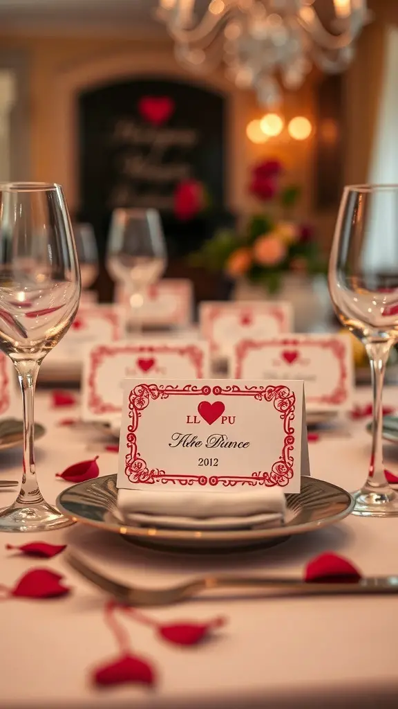 Personalized place cards on a dinner table with heart designs