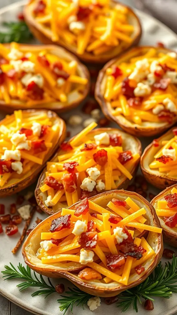 Baked potato skins topped with cheddar cheese and bacon on a plate