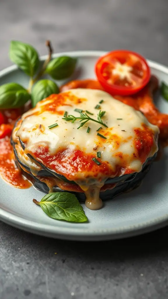 A serving of Eggplant Parmesan with marinara sauce, topped with melted cheese and garnished with fresh basil and tomato slices.