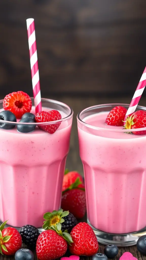 Two pink smoothies with berries and striped straws