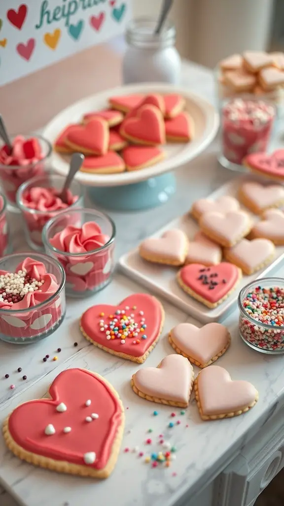 A decorated cookie station with heart-shaped cookies, colorful icing, and sprinkles for a Galentines party.