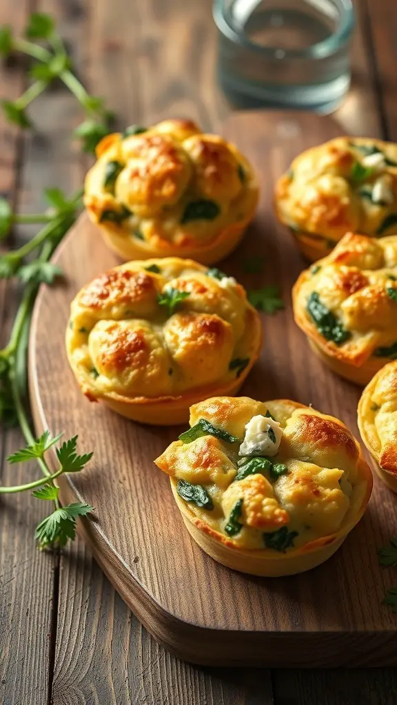 A wooden platter with golden, flaky spinach and feta puffs, garnished with fresh herbs.