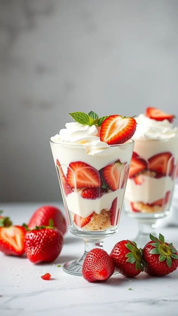 Strawberry shortcake parfaits in glasses with fresh strawberries and whipped cream