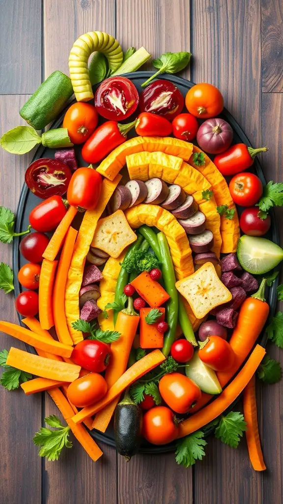 A colorful rainbow veggie platter with various vegetables arranged in a rainbow pattern.