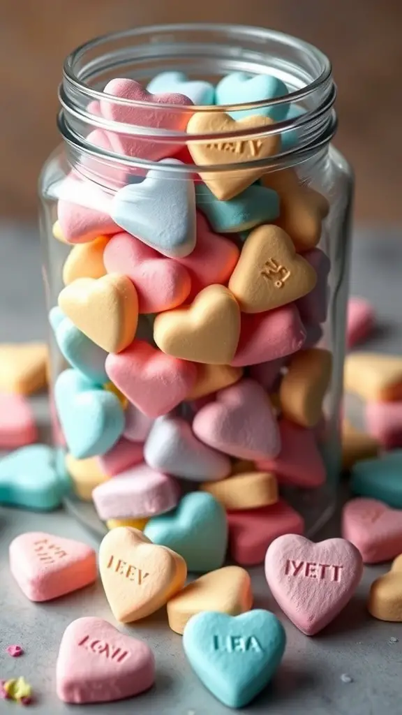 Colorful conversation heart marshmallows in a jar