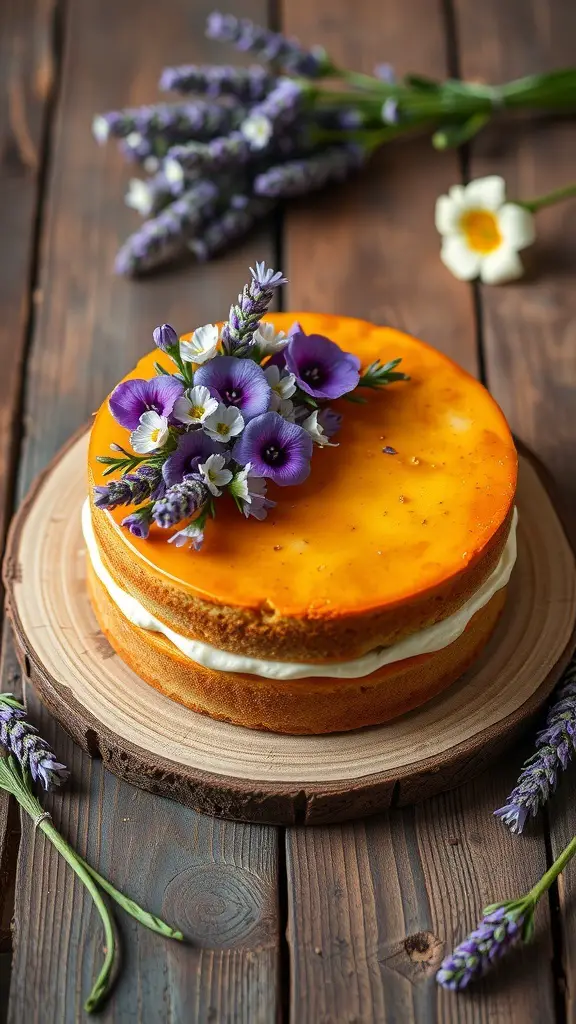 A beautiful Lavender Honey Cake decorated with fresh lavender and edible flowers on a wooden platter.