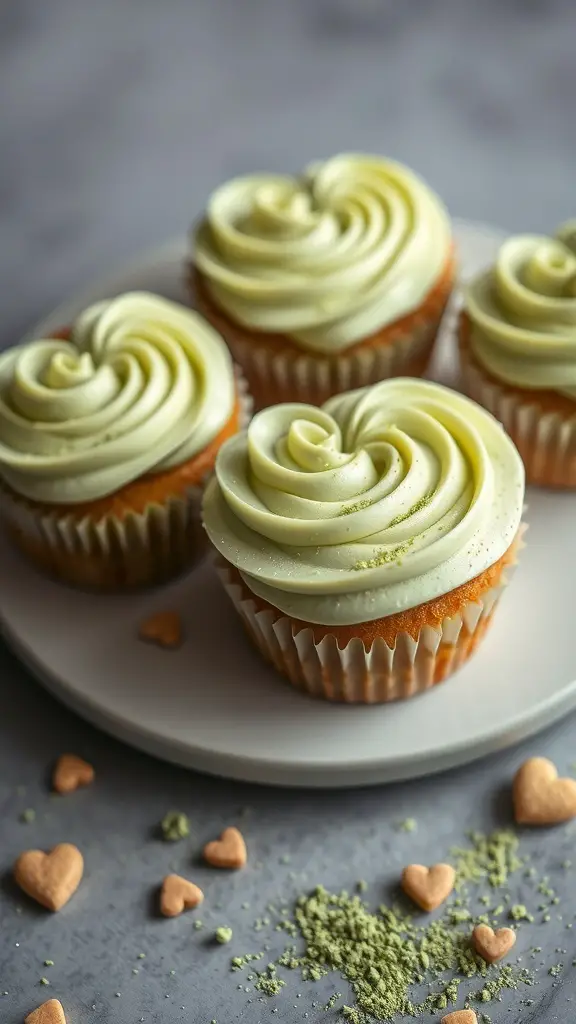 Heart shaped matcha green tea cupcakes with swirled frosting