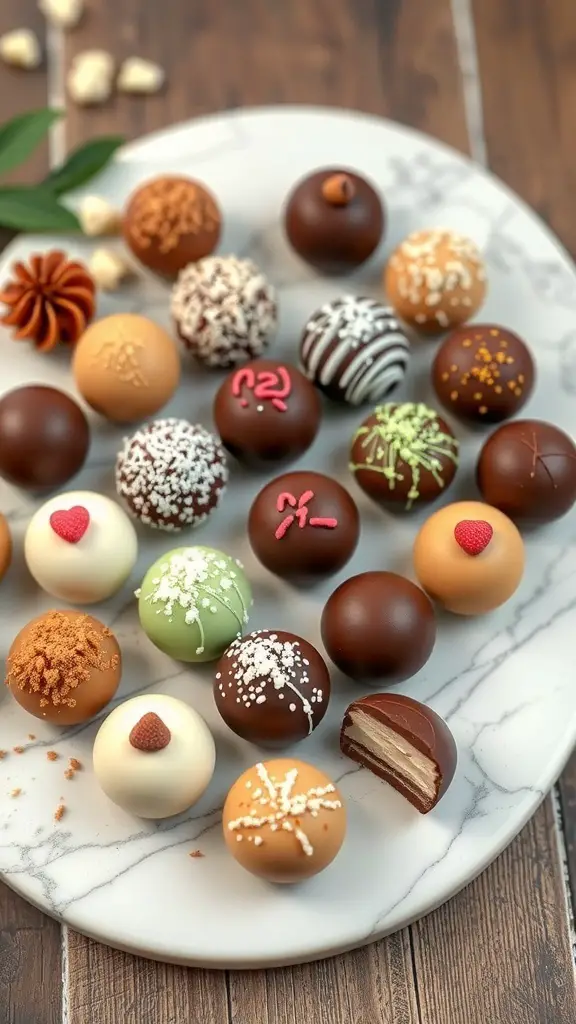 An assortment of chocolate truffles with various flavors and decorations on a marble plate.