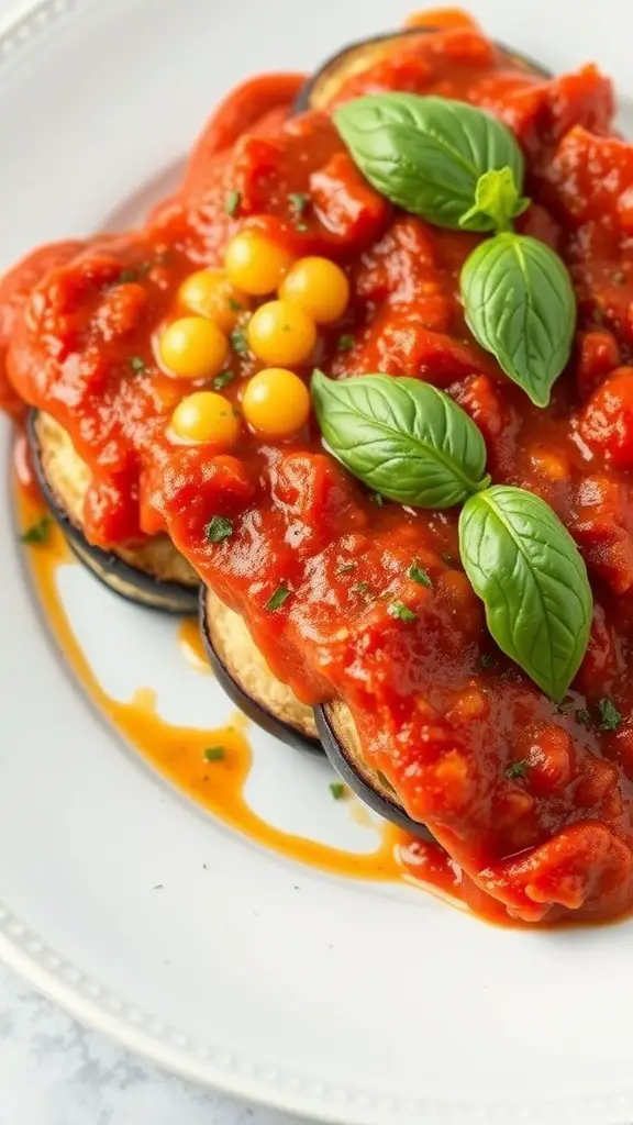 A plate of Vegan Eggplant Parmesan topped with tomato sauce and fresh basil