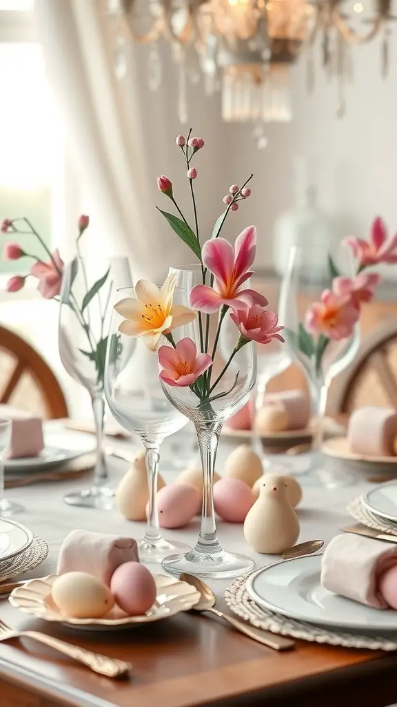 Elegant glassware with spring motifs on a beautifully set Easter table.