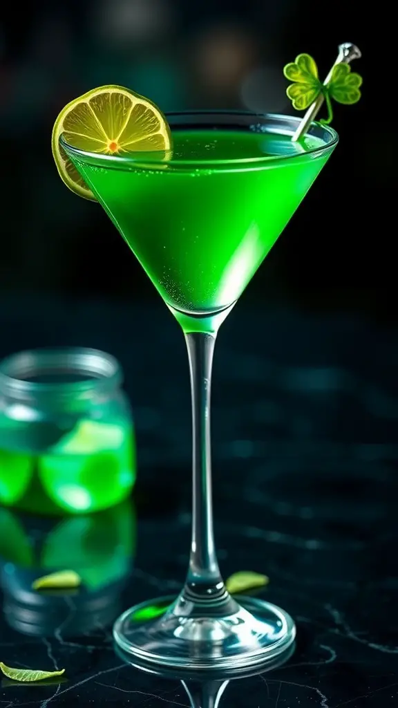 A vibrant green Emerald Isle Martini garnished with a lemon slice and shamrock.