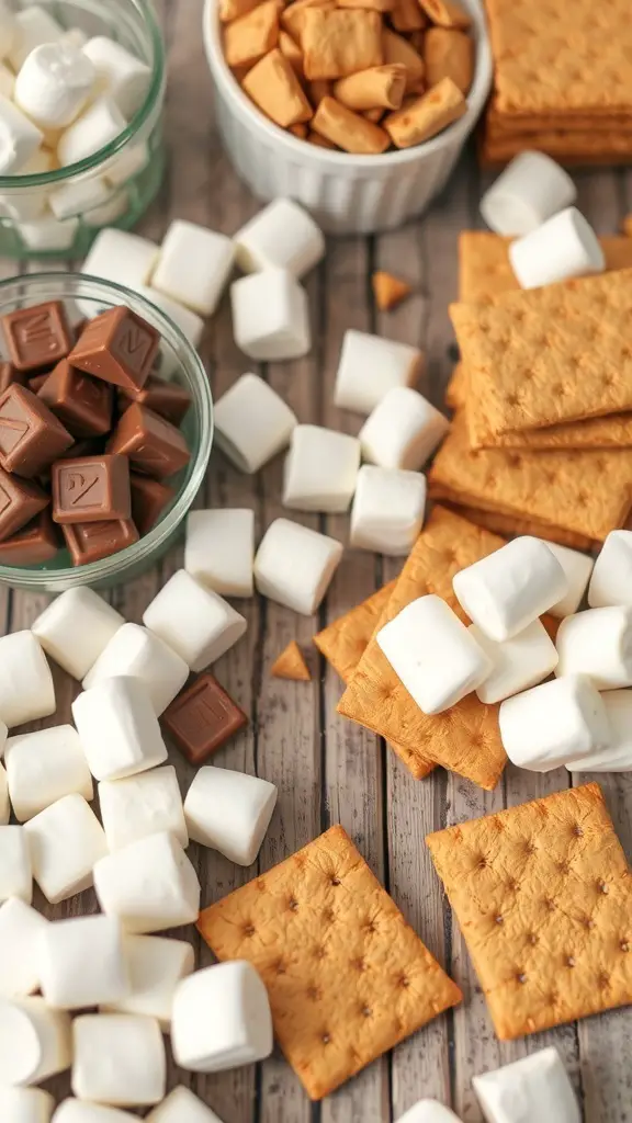 A variety of ingredients for making s'mores, including graham crackers, marshmallows, and chocolate.