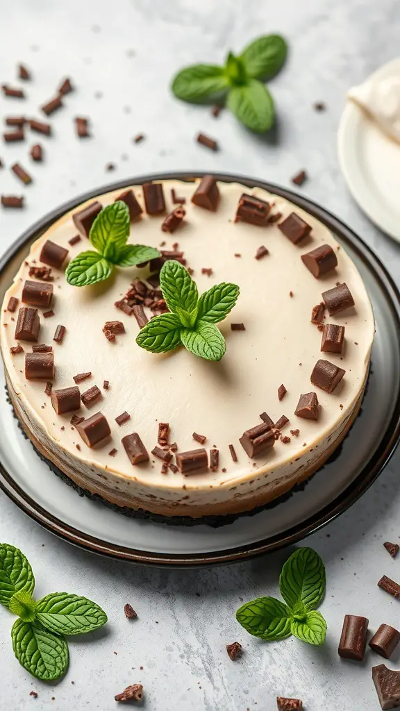 A chocolate mint cheesecake topped with mint leaves and chocolate shavings.
