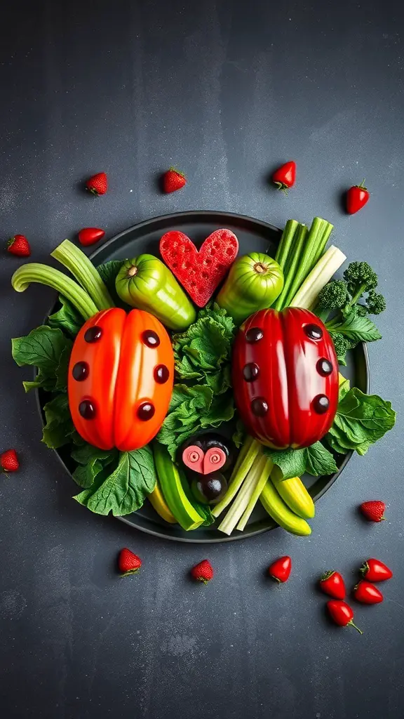 A colorful veggie platter shaped like ladybugs, featuring bell peppers, celery, and strawberries.