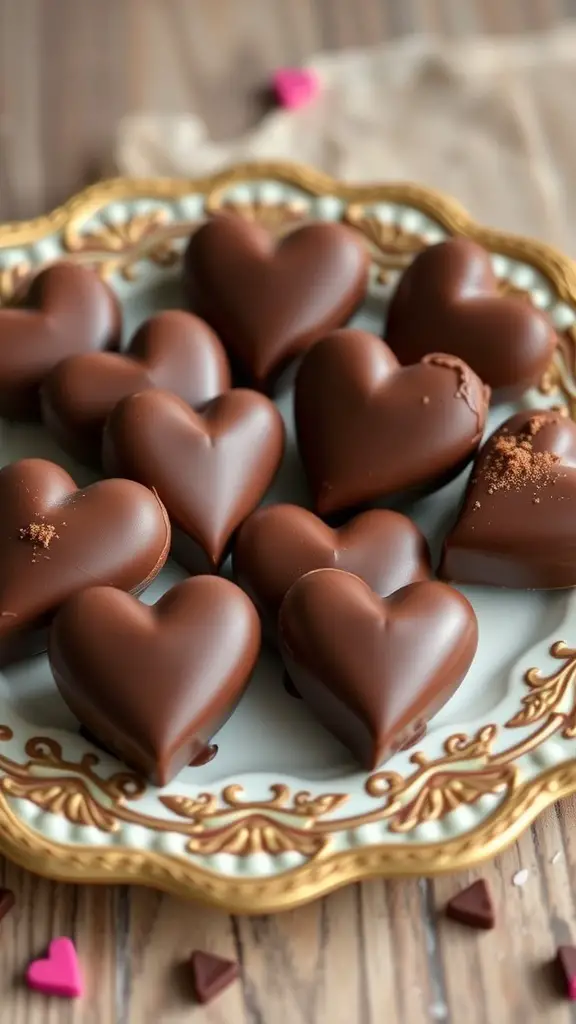 A plate of chocolate-covered peanut butter hearts arranged beautifully.