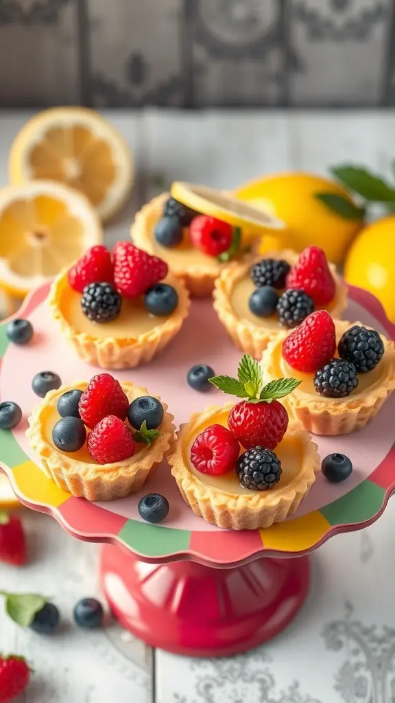 A colorful display of limoncello tarts topped with fresh berries on a pink cake stand.